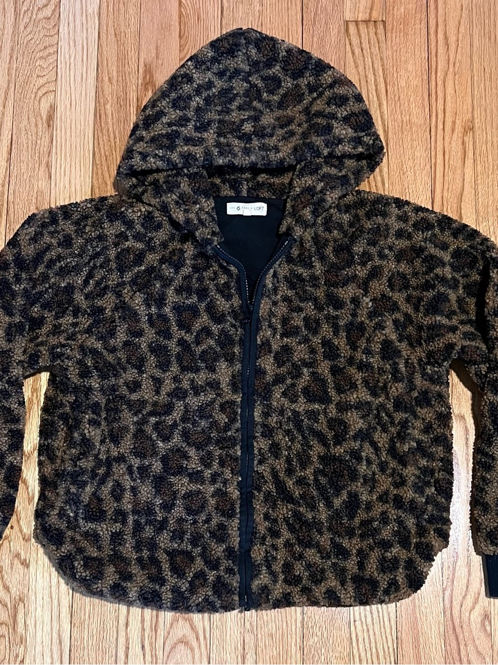 Lou & Grey Leopard Print Hooded Terry Zip Jacket - SZ XS Oversized